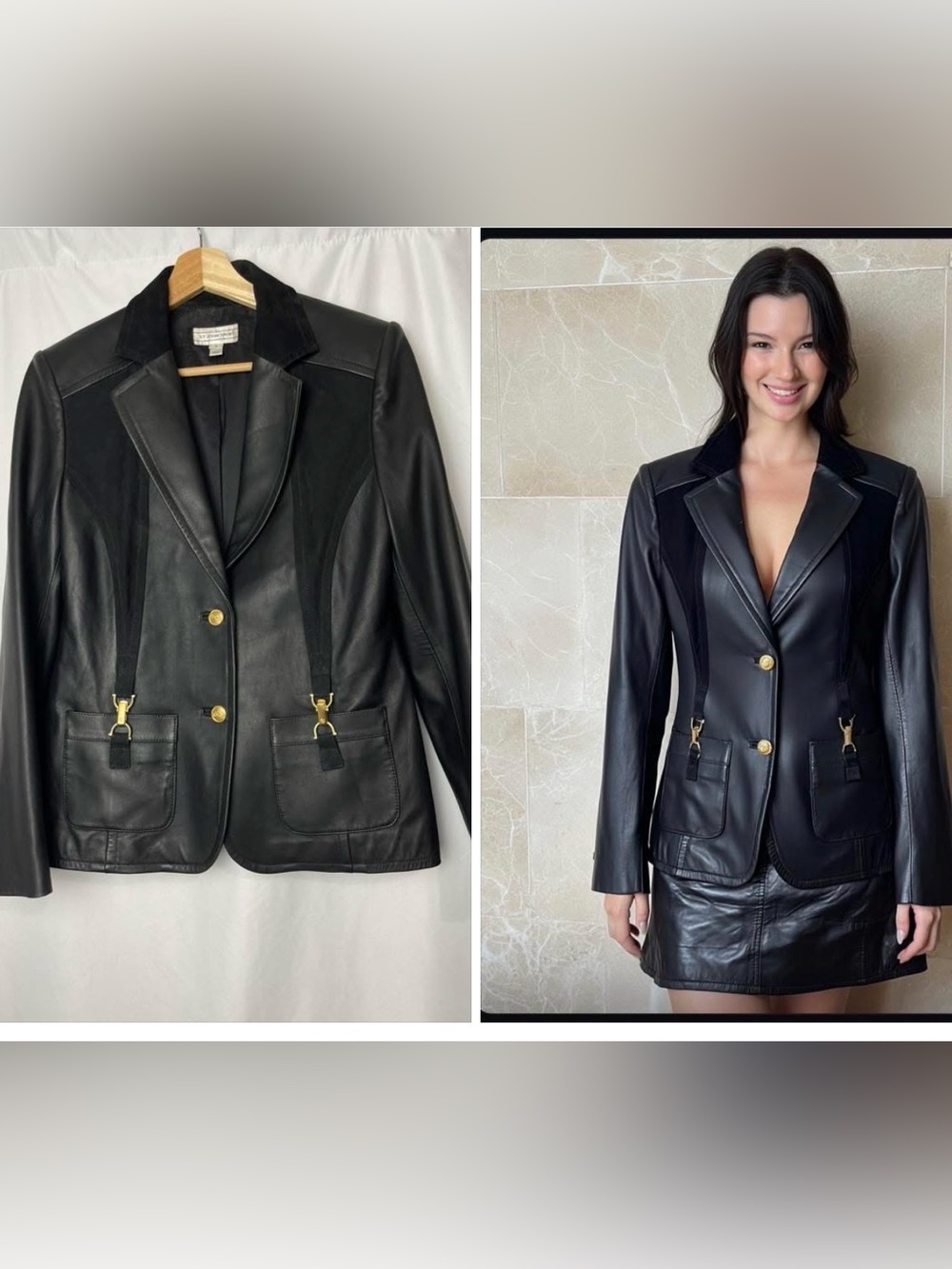 St.John Women’s 100% Lamp Leather Blazer With Gold Buttons S